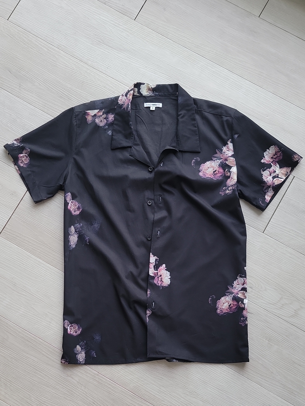 Fashion Nova Black Short-Sleeve Button-Up Shirt with Pink Floral Print